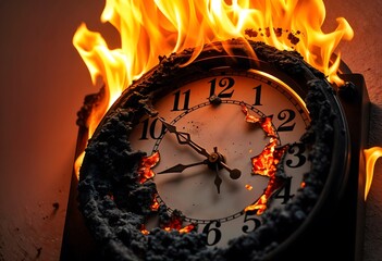Close-up of an antique clock engulfed in flames, its face being consumed as time burns away. Clock burning image. time passing. getting old