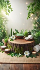 A empty wooden stump podium, adorned with lush greenery for a natural background
