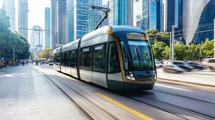 Modern tram traveling through a city street with high-rise buildings in the background.