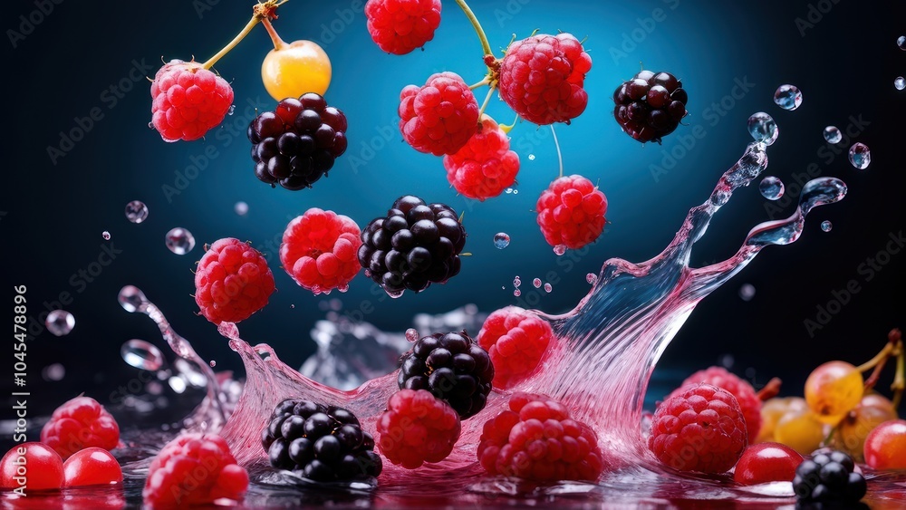 Poster fresh berries splashing into water, creating a vibrant and dynamic visual effect.