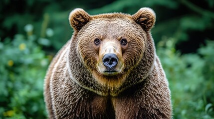 Obraz premium A close-up portrait of a brown bear looking directly at the camera in a forest setting.