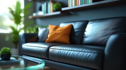 A close-up shot of a black leather sofa with an orange pillow in a modern living room.