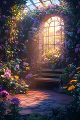 Fototapeta premium A serene floral retreat a beautifully lit garden filled with colorful flowers and lush greenery inviting peace and tranquility