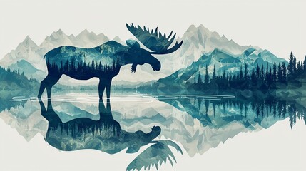 Fototapeta premium Moose Silhouette in Water with Mountain Reflection in Blue and Green