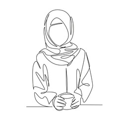 One continuous single drawing line art flat doodle person, woman, tea, drink, hot drink, muslim, teenage, female, happy. Isolated image hand draw contour on a white background