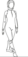 One continuous single drawing line art flat doodle Muslim girl in burkini walking on the beach, modern Islam. Isolated image hand draw contour on a white background