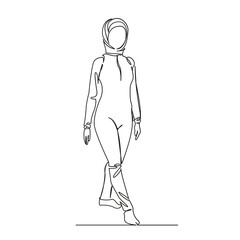 One continuous single drawing line art flat doodle Muslim girl in burkini walking on the beach, modern Islam. Isolated image hand draw contour on a white background