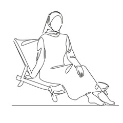 One continuous single drawing line art flat doodle person, girl, beach, sea, female, woman, lifestyle, summer, chaise lounge. Isolated image hand draw contour on a white background