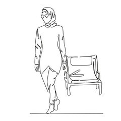 One continuous single drawing line art flat doodle Muslim woman on the beach in burkina, next to a sun lounger, modern Islam. Isolated image hand draw contour on a white background