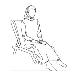 One continuous single drawing line art flat doodle muslim woman sitting in a sun lounger on the beach sunbathing modern islam. Isolated image hand draw contour on a white background