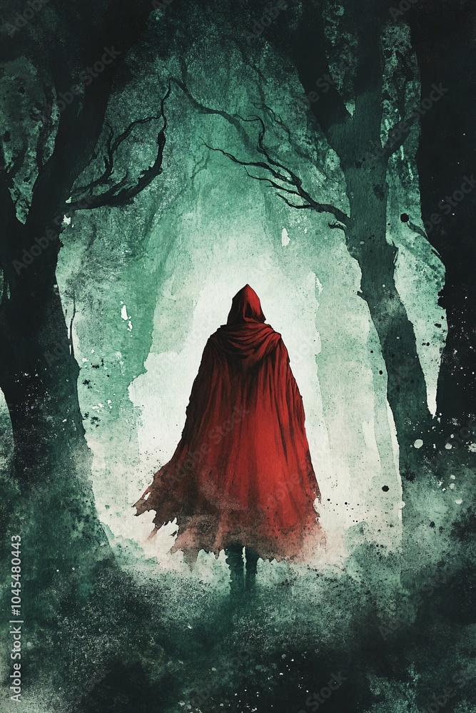 Poster a mysterious figure in a red cloak walking through an enigmatic forest of shadows and light evoking 