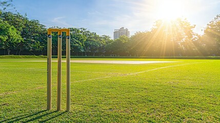 A set of cricket stumps stand on a grassy field with the sun shining in the background.