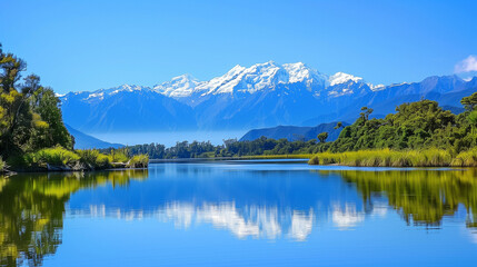 A stunning view of the snow-capped Mount , reflecting on the calm waters with a blue sky and clouds above. The majestic mountain stands tall against the backdrop of serene landscapes.
