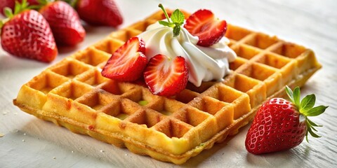 A freshly baked waffle with a swirl of whipped cream and sliced strawberries, ready to be enjoyed