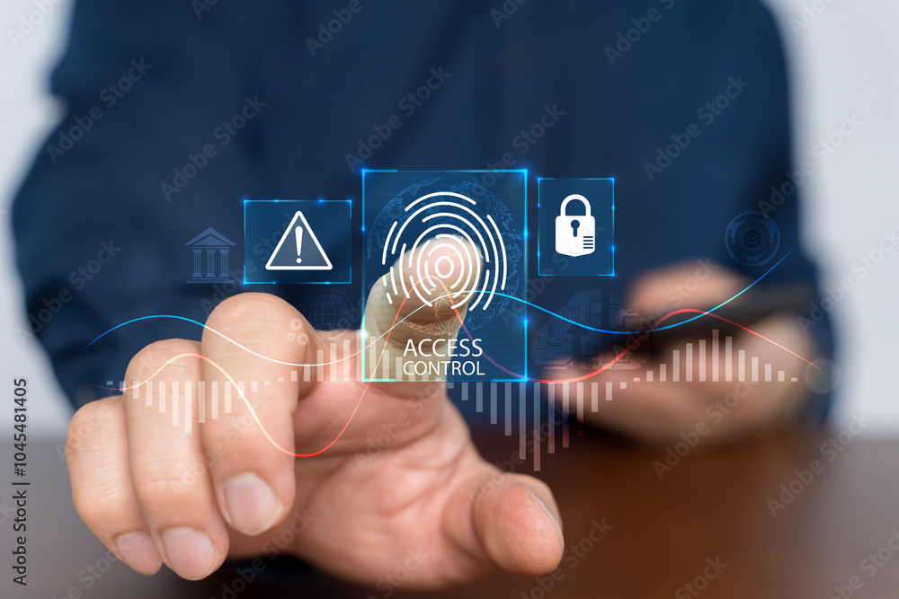 Poster access control concept. businessman using mobile smartphone with virtual access control icon.