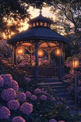 Fototapeta premium Enchanting sunset over a serene gazebo surrounded by vibrant hydrangeas in a picturesque garden setting