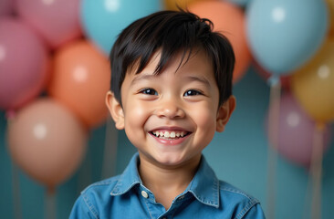 Portrait of cute asian boy smiling with birthday background