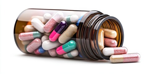 Assorted Pills Spilling From Amber Bottle   Health  Medicine  Supplements