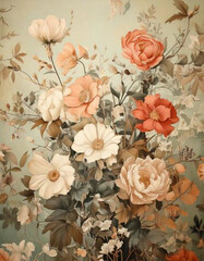 Fototapeta premium Muted Earthy Floral Wallpaper and Bed Sheet with Sage Green and Terracotta Tones – Rustic Interior Design