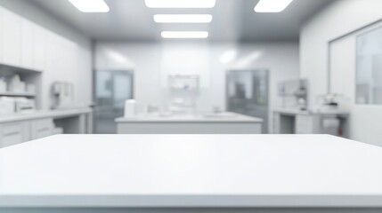 Modern laboratory background with empty table. Blurred lab interior with empty white table for product display.
