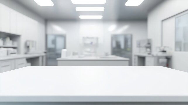 Modern laboratory background with empty table. Blurred lab interior with empty white table for product display.