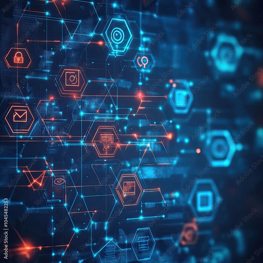 Poster abstract digital background featuring glowing icons and interconnected lines, representing technolog