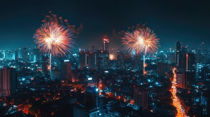 Obraz premium Vibrant fireworks light up a South Asian cityscape, celebration concept with ample room for copy