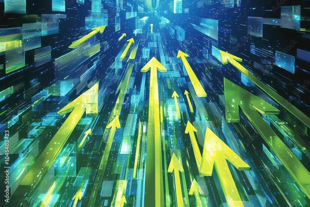 Poster dynamic arrows representing growth and progress with a futuristic design.