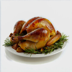 Golden roast turkey on a plain white background