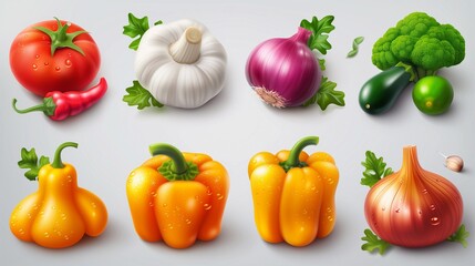 isolated 3D icons of vegetables. including peppers, garlic, onions, and tomatoes on a clean white background.  The vibrant design is perfect for healthy food themes or cooking visuals."