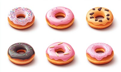Isometric donut with pink glaze and sprinkles, perfect for a sweet treat theme, 3D icon set