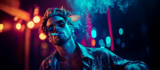 handsome man smoking cigar in nightclub setting with blue neon lights and smoke around.
