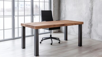 Industrial wooden desk with iron legs in a minimalist office, exposed concrete wall, large glass windows, sleek and simple workspace, warm wood tones in sharp contrast