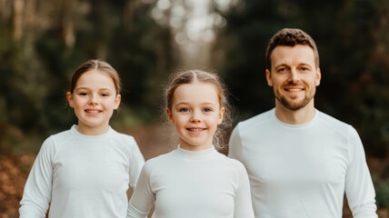 Family in activewear jogging through a forest trail, morning light breaking through trees, focus on fitness, nature and exercise
