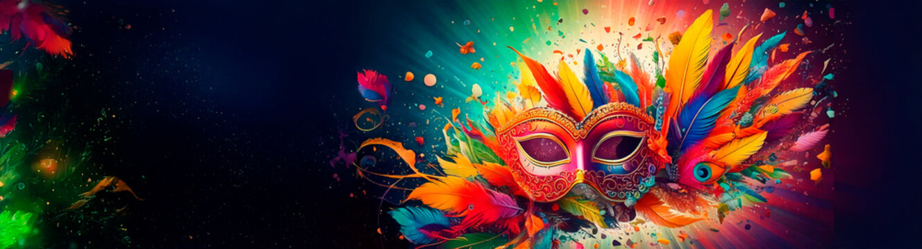 Colorful Carnival Celebration with Feathers and Masks. Banner