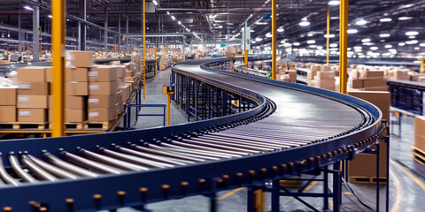 Naklejka premium A curved conveyor belt in a busy packaging warehouse filled with cardboard boxes, showcasing an organized system of transportation and logistics for large-scale industrial operations.