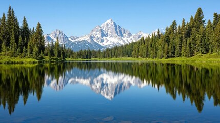 Serene alpine lake, with the still waters reflecting the surrounding forests and snowy peaks, bathed in the soft, golden glow of early morning light