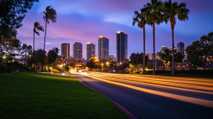 Cityscape at Dusk with Palm Trees and Light Trails