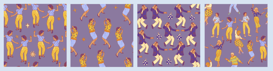 Set of purple Christmas festival seasonal seamless patterns. Cheerful people, family dancing, hugging, celebrating