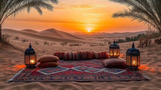 A desert oasis at sunrise with a colorful rug, cushions, and lanterns.