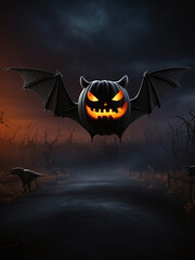 glowing Halloween Jack-O'-Lantern pumpkin with bat wings on Black: Frightening Vibes for Posters, Ads, Cards, and Wallpaper