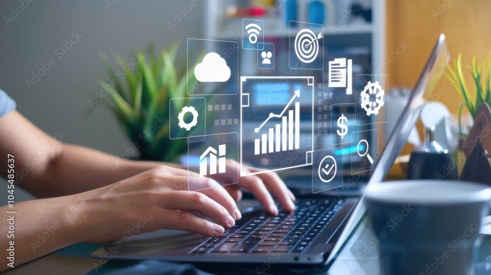 Poster a person is typing on a laptop with a screen that has a lot of graphs