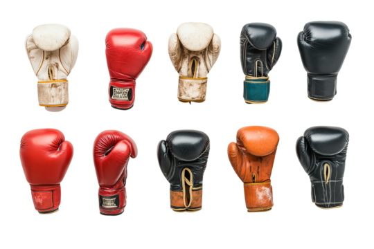 A collection of boxing gloves in various colors and styles. on transparent background.