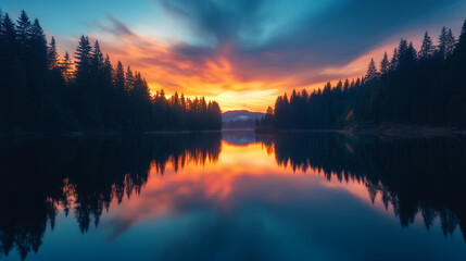 Fototapeta premium Lake at sunset with forest reflection