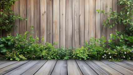 Obraz premium Photorealistic Wooden Backdrop: Rough Vertical Planks with Garden Greens