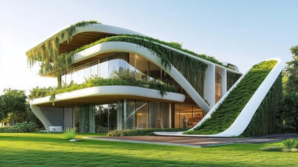 Fototapeta premium Future green architecture blending modern design with eco-friendly materials and energy efficiency.