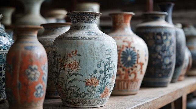 Explore the intricate artistry of ancient Chinese pottery displayed on a rustic surface