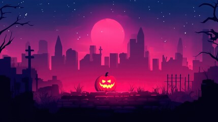 Spooky skyline with a glowing pumpkin under a full moon, perfect for Halloween themes.