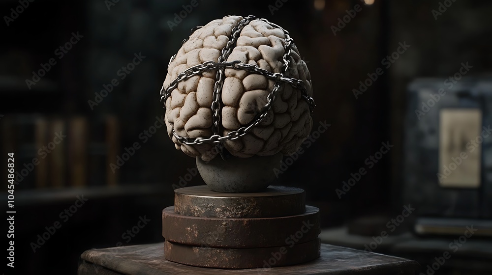 Poster surreal 3d model of brain wrapped in chains
