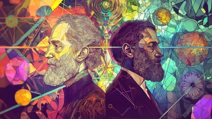 Fototapeta premium Artistic portrayal of two men facing opposite directions in a geometric, stained-glass background
